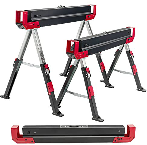 GYMAX Juego de 2 Caballete de Trabajo de Altura Ajustable, con Soporte Antideslizante, Soporte Plegable con Práctica Asa, Soporta hasta 1180 kg, Color Negro y Rojo