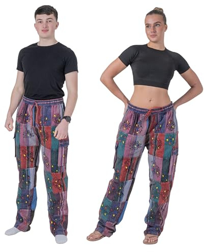 Ezhippie Handgefertigte Hippie-Patchwork-Hose für Männer, Cargohose aus 100% Baumwolle im Bohemian-Stil mit elastischer Taille, 3XL