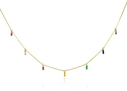namana Damen Halskette aus 925er Sterling Silber vergoldet oder rhodiniert, zarte Kette mit bunten Zirkonia-Steinen, eleganter Regenbogen-Schmuck für Frauen und Mädchen, Geschenk im Etui
