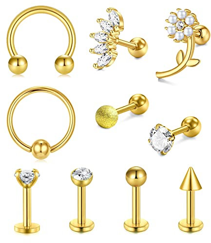 LAURITAMI 10stk Helix Piercings Gold Chirurgenstahl 1.2mm 6mm Gold Tragus Ohrring Piercing Stecker Ohr Knorpel Kristall Diamant
