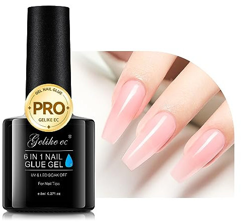 Gelike ec Nagelkleber Für Kunstnägel,6 in 1Sheer Pastel Pink Extra Stark Nail Glue Für Press On Nail Glue Gel For NailTip Nagelkleber Gel Für Fake Nail-Brauchen Ausharten Unter UV Nagellampe 8ML-11546