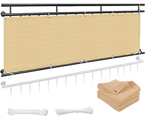 Balkonverkleidung 95 x 950 cm Wind- und UV-Schutz, Privatsphäre Zaunblende Tennisblende mit Ösen und Kordel für Balkongeländer Terrasse, Khaki