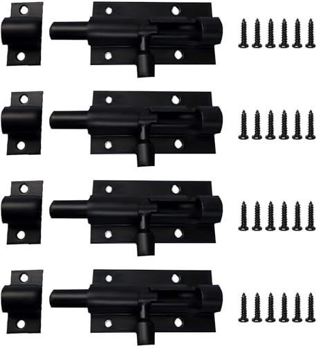 ANBOO 4 Pcs Verrou Targette, Noir Verrou de Porte en Acier Inoxydable, Verrou Loquet Interieure, Serrure de Porte de Garage, Verrouillage du Coulissant de Porte, Loquet Coulissant
