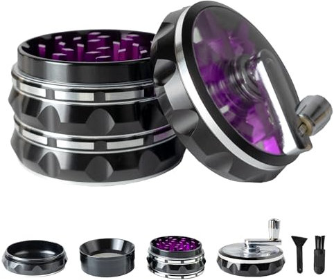 Clear Top Herb Grinder Metal Large 2.5'' Large 4-Part, Aluminum Alloy Spice Grinder with Foldable Handle,Pollen Scraper and Cleaning Brush (Black Purple)