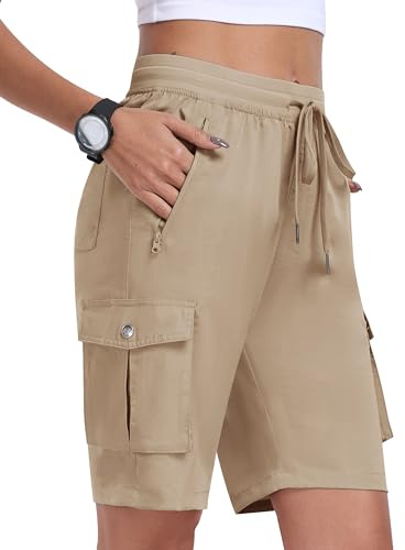 MoFiz Pantalones Cortos Cargo Mujer Bermudas Shorts Cintura Elástica Ligero Secado Rápido Pantalón Cortos de Trekking Senderismo Ocio Trabajo Jogger Caqui Talla EU L