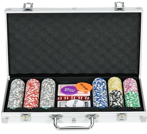 SPORTNOW Pokerväska-set, 300 pokerchips 11,5 g, pokerset med lås, 2 pokerkortlekar, 5 kuber, 1 dealer knapp, 1 liten blind, 1 stor blind, silver