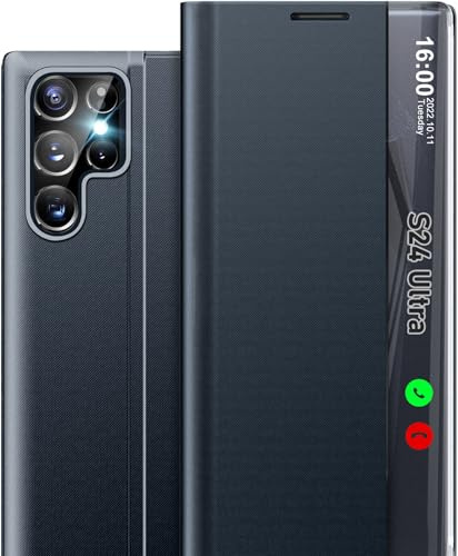 Handyhülle für Samsung S24 Ultra 5G Klappbar, Leder PC Stoßfest Dünn Spiegel Flip Case mit Ständer, Clear View für Galaxy S24 Ultra (Navy Blau)