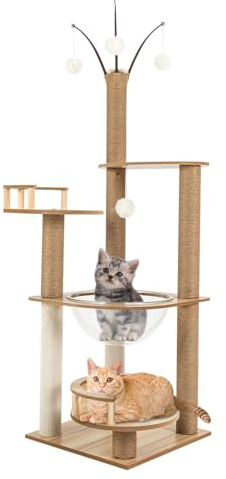 Begoniape Rascador para gatos, 132 cm de alto, árbol rascador de madera estable, placa densa, 3 plataformas, cápsula espacial transparente, versátil