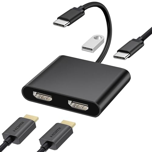 USB C to HDMI Adapter 4 in 1, HDMI Splitter for Dual Monitors 4K, USB 3.0, PD 100W, Dual HD-MI Adapter for 2 Monitors, MacBook Pro/Air, iPad, Surface, Dell, Lenovo (Black)