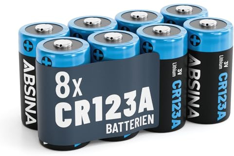 ABSINA 8X CR123A 3V litiumbatteri för kameror och mycket mer - CR123A läckagesäkert och långvarigt batteri - CR123A-batterier med 1 300 mAh - CR123-batterier, CR123A 3V, 123-batterier