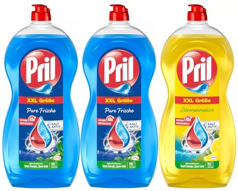 Pril Original Pure Frische (2x 1,2l) + Pril Original Zitronenmelisse (1x 1,2l), Handgeschirrspülmittel mit höchster Fettlösekraft, für sauberes Geschirr auch in kaltem Wasser