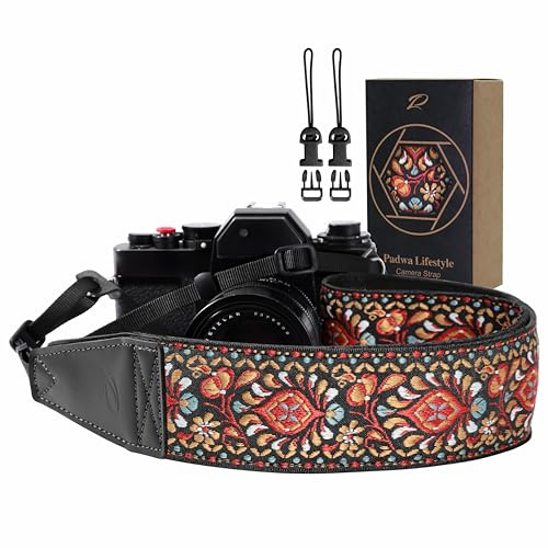 Padwa Lifestyle Kameragurt - 2“ Vollnarbenleder Kameragurte für Fotografen, Vintage bestickt Baumwollgewebe weiches Wildleder Stoff gepolstert Riemen Schnellspanner passt alle Kameras - Rosa Blume
