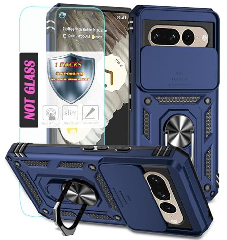 YmhxcY Handyhülle Für Google Pixel 7 Pro Hülle,[mit 1 Stück Schutzfolie],360°Drehen Metallständer，Stoßfester Schutz Hartschale，Mit Kameraschutz，Google Pixel 7 Pro case-Blau