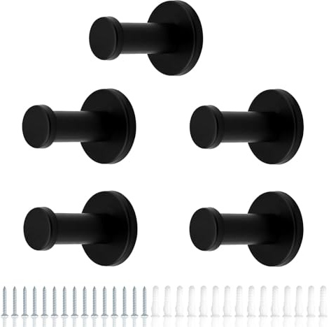 HERKINDNESS 5er Set Garderobenhaken Schwarz | 52mm Handtuchhaken Schwarz Edelstahl | Kleiderhaken Wand mit Montagezubehör | Kleiderhaken für Bad, Küche, Schlafzimmer