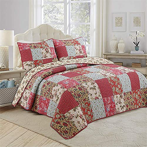QUSYZD Gesteppte Patchwork-Tagesdecke King Size 3-teilig Rot Bettüberwurf Decke Boho-Stil Leichte Bettdecke mit 2 Kissenbezügen 230x250 cm,
