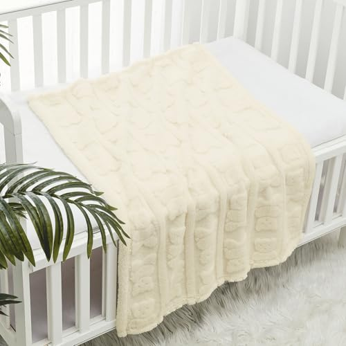 CREVENT Manta de Sherpa Suave y cálida de para niñas y niños, artículos Esenciales para recién Nacidos, Regalo para Baby Shower, Oso Marfil, 75 x 100 cm