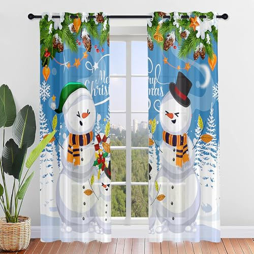 FANSU 2er Set Scheibengardinen 3D Weihnachten Halbtransparent Bistrogardine, Schlaufengardinen Gardinen Küche Türgardine für Wohnzimmer, Schlafzimmer, Hotel (132x182cm,Schneemann Familie)