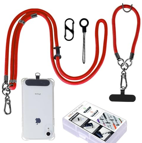 kedelux Phone Strap Crossbody, 1x Anti Theft Cell Phone Lanyard 1 x Wrist Strap, Adjustable Universal Nylon Phone Chain for iPhone Samsung, Red