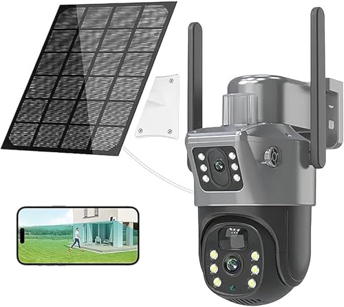 Qawner 4K Double Caméra Surveillance WiFi Extérieure sans Fil, Solaire HD 6MP PTZ Caméra Surveillance, Détection Humaine PIR, Audio Bidirectionnel, IP66 Étanche, Vision Nocturne Couleur (WiFi)