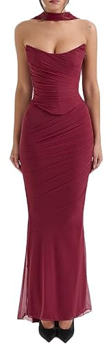 DSAoTeng Conjunto de falda de satén sin tirantes para mujer de cintura alta con bufandas de satén, elegante falda de cola de pez fruncida, traje de dos piezas, rojo vino, S