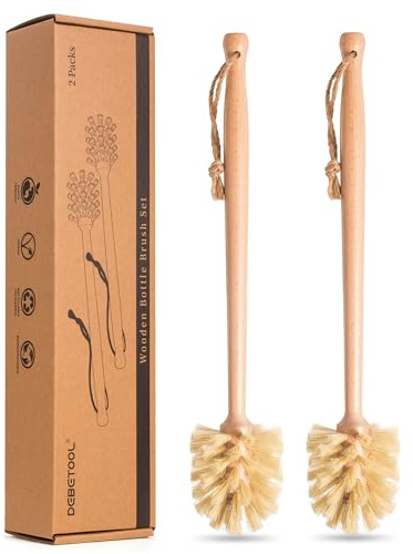 DEBETOOL 2-pack flaskborste i naturlig trä med sisalborst, långt handtag flaskborstrengörare för breda munburkar, vattenflaskor, koppar, glasögon, babyflaskor (ej rep)