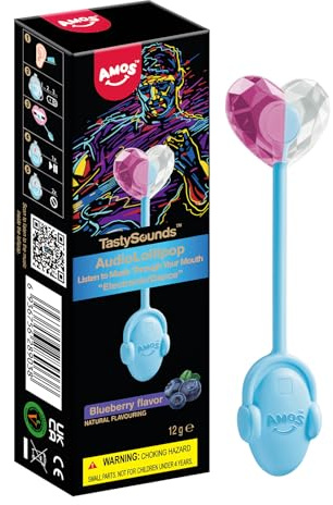 AMOS TastySounds Audio Music Lollipops, Blueberry Sugar Free Vegan Sweets | Interactive Bone Conduction Audio Lollipop Candy, Individually Wrapped for Kids Stocking Stuffers, Birthday Party Favors
