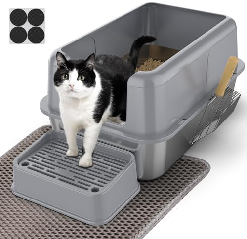 PKBD XL Stainless Steel Cat Litter Tray, 32L Large Litter Box with Detachable Enclosure, Includes XL Mat, Metal Scoop and Filter Pedal for Older Cats and Litter Saving, Suitable for Most Cats