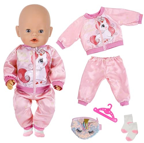 Puppenkleidung für 30-45cm Puppen, 6 Pcs Puppenkleidung 43cm mit Pony Jacke Hose Haarband Pailletten Tasche Socken Kleiderbügel für 12-18 Zoll Puppen Mädchen Geburtstag Geschenk