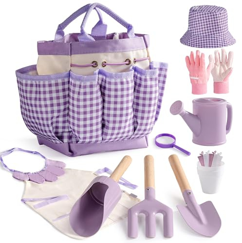ROBOTIME Set di attrezzi da giardino per bambini, 18 pezzi, colore viola, per bambini con annaffiatoio, guanti, grembiule, cappello e borsa per ragazzi e ragazze dai 3 anni in su