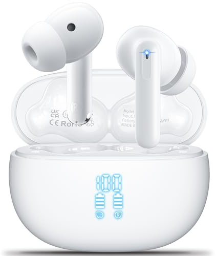 Cuffie Bluetooth, Aoslen Auricolari Bluetooth HiFi Stereo Sport 5.4 con 4 HD ENC Cancellazione Rumore Touch Control Cuffiette Wireless LED Display 42H Autonomia IP7 Impermeabili for iOS Android,Bianco