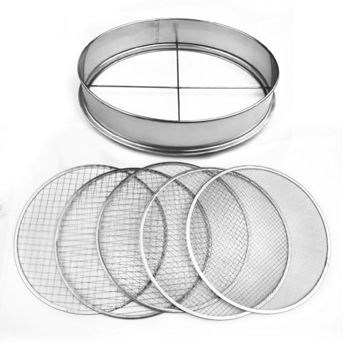 MonoSora Stainless Steel Garden Potting Bonsai Compost Soil Sieve with 5 Filters, 3mm/6mm/9mm/10mm/12mm Mesh, 30 cm Diameter
