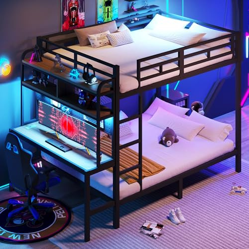 Dolamaní - Letto a castello per 2 persone, 140 x 200 cm, letto a soppalco con scrivania, vano portaoggetti, barra LED, ringhiera di sicurezza e scala, in metallo, senza materasso (Nero C)