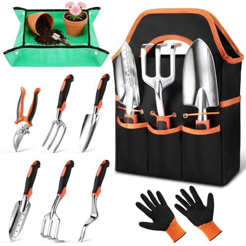 Lot de 9 outils de jardinage robustes - Acier inoxydable résistant à la rouille, poignée ergonomique en silicone antidérapant, cadeau idéal de jardinage pour femmes et hommes