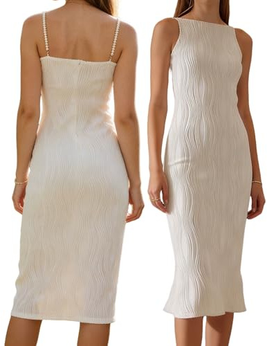 RIHOAS Women's Sleeveless Bodycon Midi Dress - Sexy Textured Cami Dress, Elegant Semi-Formal Outfit for Wedding Guests, Bridesmaids, Evening Parties & Beach Vacations White