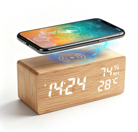 Digitaler Wecker Holz mit Kabelloser Ladestation, Smart Wecker mit mehreren weckzeiten, nachttisch uhr mit temperaturanzeige, Sprachsteuerung, Helligkeit Einstellbar für Schlafzimmer Zuhause Büro