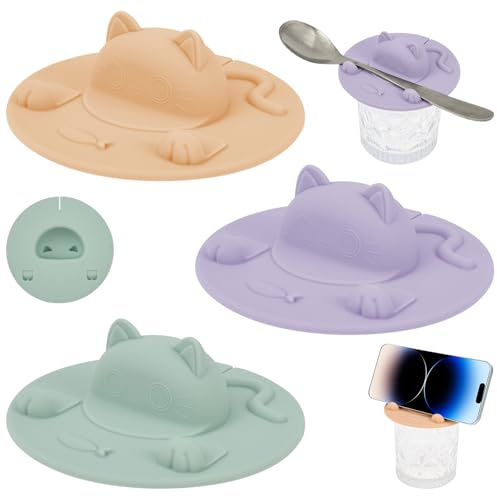 Kuanght 3PCS Silicone Cup Covers, 10.5cm Cat Designed Cup Cover with Tea Bag Holder, Dishwasher Safe, Reusable Coffee Mug Topper Suitable for Home, Bedroom and Office