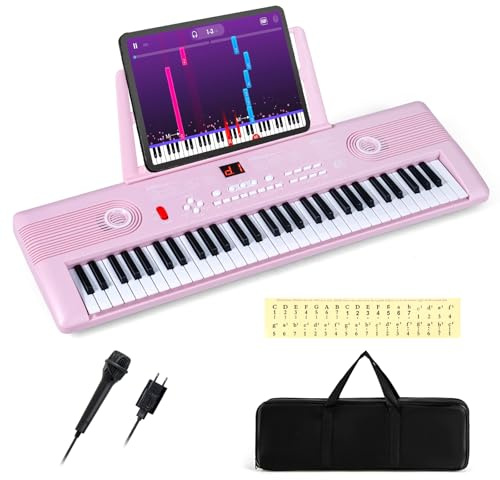 KOMFOTTEU Teclado de Piano de 61 Teclas, Piano Digital con Micrófono y Atril, Piano Electrónico Portátil con Bolsa de Transporte para Principiantes (Rosa)
