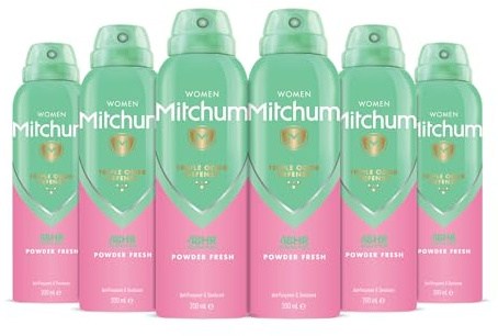 Mitchum Women Triple Odor Defense 48HR Protection Deodorant Spray & Antiperspirant (200ml), Powder Fresh, Pack of 6