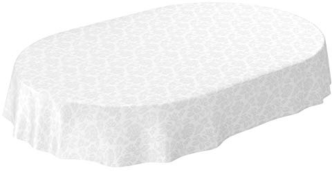 ANRO Wachstuchtischdecke Wachstuch abwaschbar Tischdecke Blumen Einfarbig Uni Weiß Reliefdruck Damast Oval 180x140cm eingefasst
