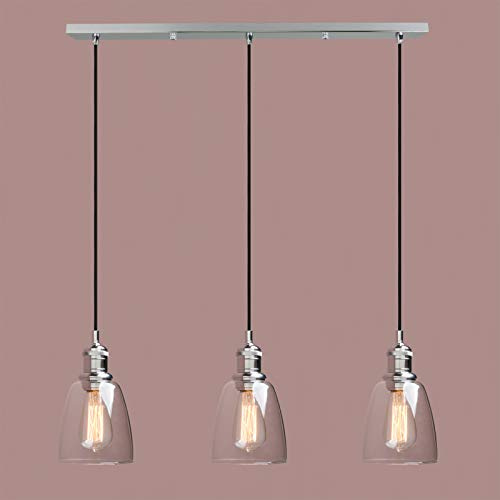 Yosoan Lighting Industrial Modern Vintage Loft Bar 3 Way Pendant Light Fittings Bell Glass Shade Chandelier, Hanging Ceiling 3 Lights Fixture for Dining Room Living Room Restaurant Cafe (Chrome)