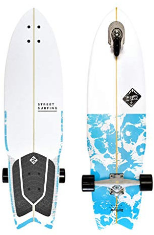 Street Surfing Surfskate Shark Attack Longboard mit Selbstfahrer, 91,4 cm x 24,4 cm, Psycho Blue Surf inspiriertes Design, langlebige ABEC 9 Rollen