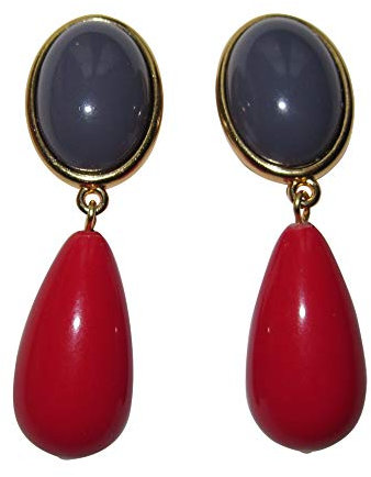Elegant: Leichte sehr große Ohr-Clips vergoldet Stein grau Anhänger rot tropfen-förmig Eyecatcher edel Fashion Designer Statement Party JUSTWIN