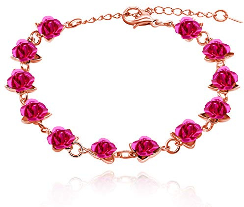Uloveido Cute Red Rose Flower Charm Bracelet for Women Girls 18K Gold Plated Nature Jewelry, Dozen Roses Link Bracelets Y452