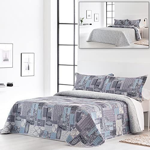 BarceloHogar Colcha Bouti Verano. Colcha Cama 150 Suave. Colcha Estampado Elegante Patchwork. Colcha Moderna Reversible. Regalo 2 Fundas Cojin. Edgar Gris Azul
