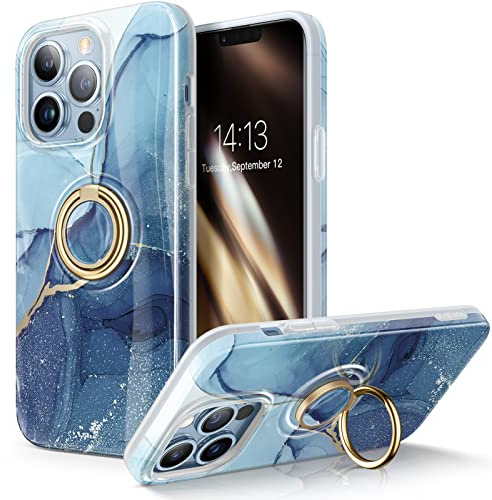 GVIEWIN for iPhone 13 Pro Case Marble TPU with 360°Rotatable Ring Holder | Built-in Ring Stand, Slim, TPU, Shockproof, Protective, Stylish Case Cover 6.1 Inch 2021, Navy Blue
