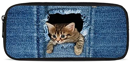 chaqlin Denim Cat Federmäppchen für Jungen Mädchen, niedliche Schule Büro Stiftetaschen Federmäppchen Reißverschluss Schreibwarentaschen Stiftebox Organizer für Kinder, Teenager, Erwachsene, Blau