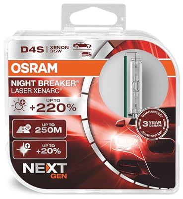 OSRAM XENARC NIGHT BREAKER LASER D4S Next Generation, +220 % mehr Helligkeit, HID Xenon-Scheinwerferlampe, 66440XNN-HCB, Duo Box (2 Lampen)