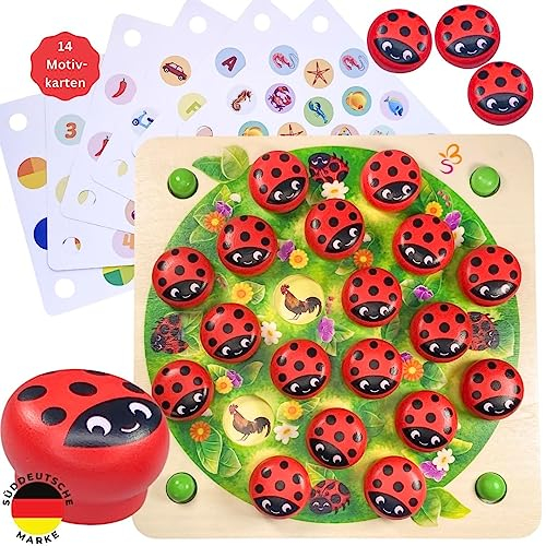 SCHMETTERLINE | Memolino - Memo-Spiel mit Holz-Marienkäfer und 14 Spielvorlagen | Gedächtnistraining für Kinder ab 3 Jahren