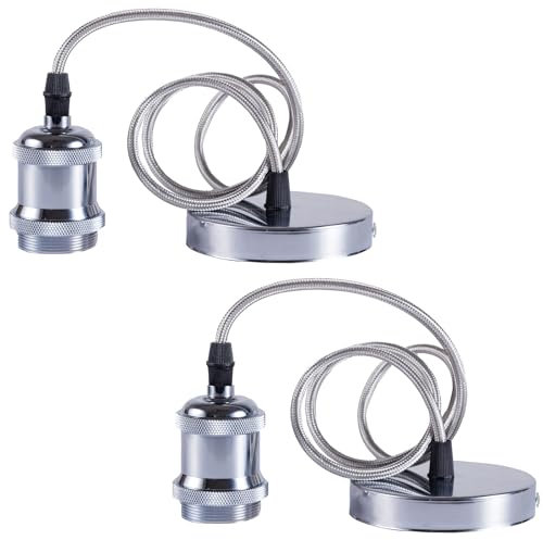 Sevenpers E27 Pendant Light Fitting, 2 Pack Chrome Vintage Style Ceiling Rose Light Fitting Lamp Holder Kit with Ground Wire and 90cm Braided Cable