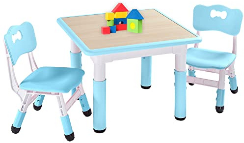 FUNLIO Set med barnbord och 2 stolar, höjdjusterbart set för småbarn och stol för åldrarna 3-8, lätt att torka konst- och hantverksbord, för klassrum/daghem, CPC & CE-godkänt (3 st set) - blå